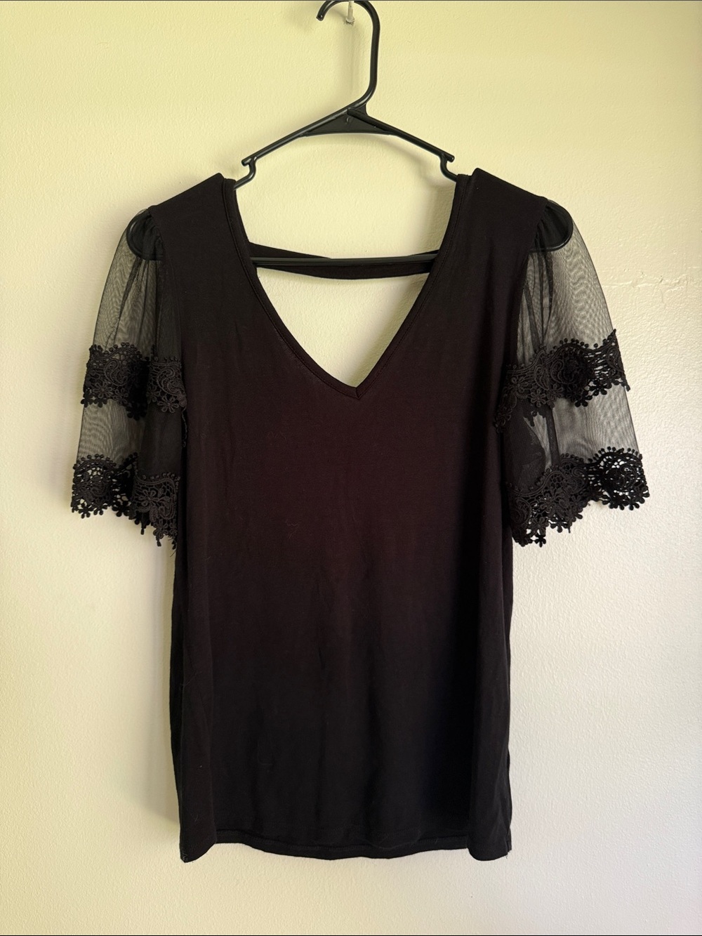 Willow Black V-Neck Top with Lace Mesh Flutter Sleeves (Large)